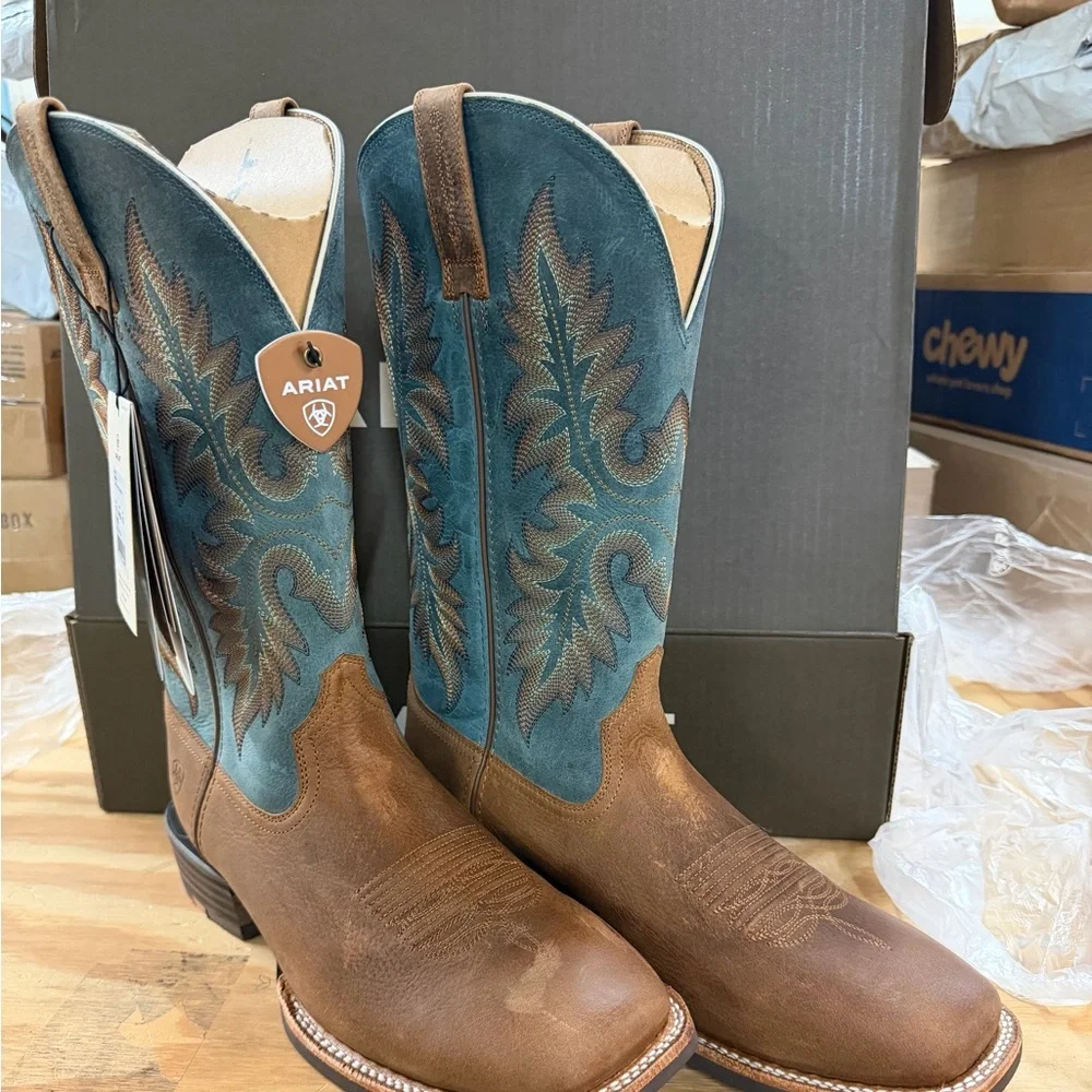 Ariat Men's Brown Leather Western Boots with Blue Embroidered Shaft - Picture 5 of 8